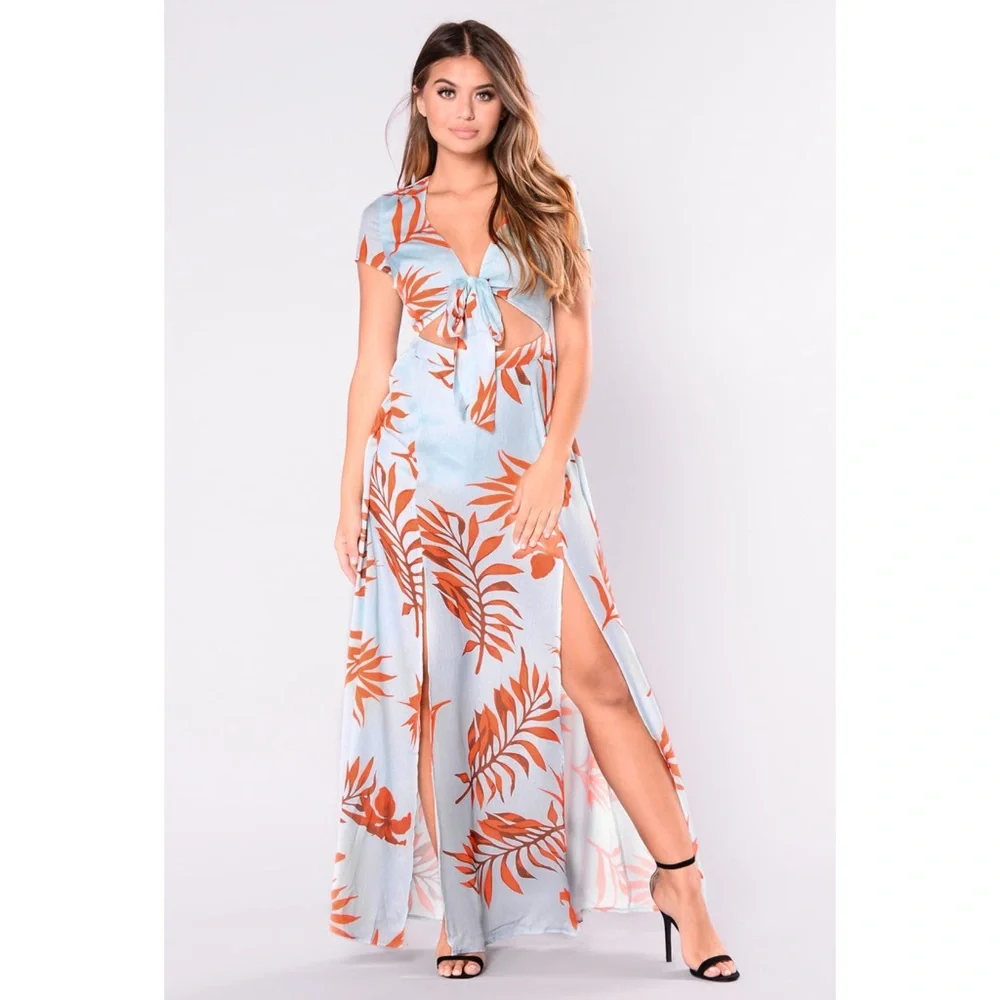 Latiste Mint Blue/Tropical Leaf Orange Island Hop Cut Out Maxi Dress. NWT Size S - Picture 6 of 13